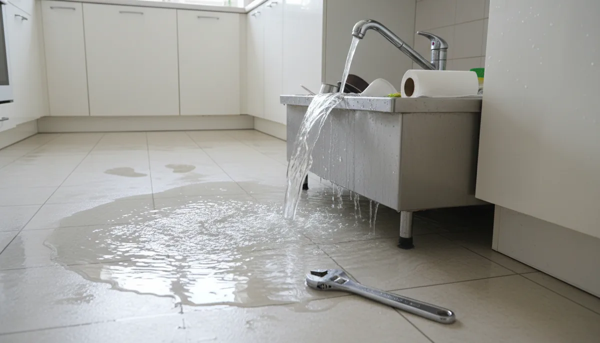 открытый кухонный кран, лужа воды на полу, разводной ключ рядом с раковиной