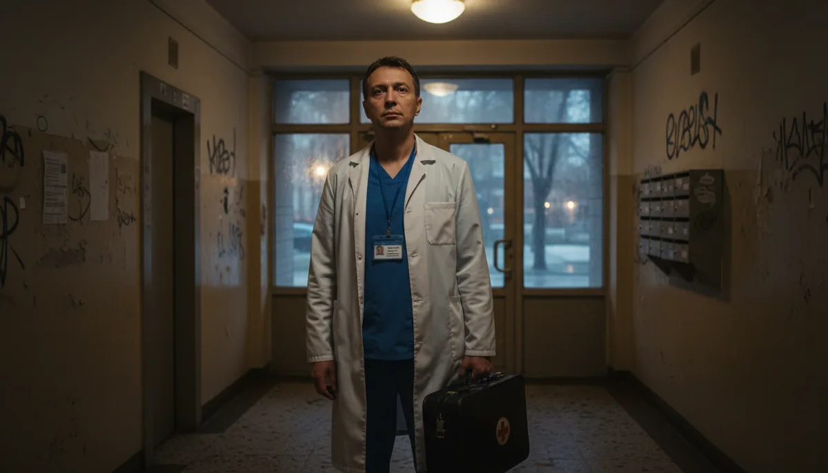 Врач-нарколог с медицинской сумкой, подъезд жилого дома, вечернее время