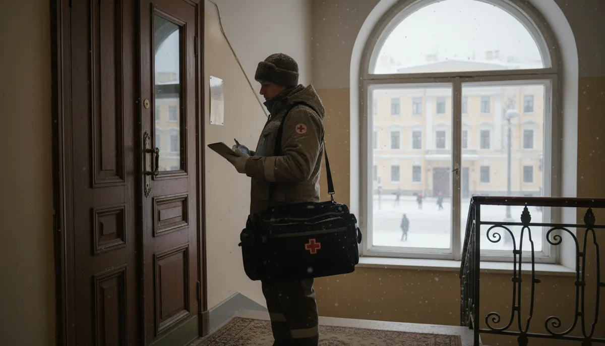 Медицинский специалист с портативной укладкой у двери жилой квартиры, зимний Петербург